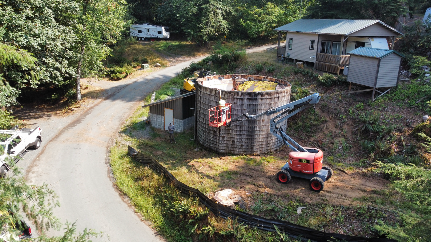 Aerial view of water reservoir construction project